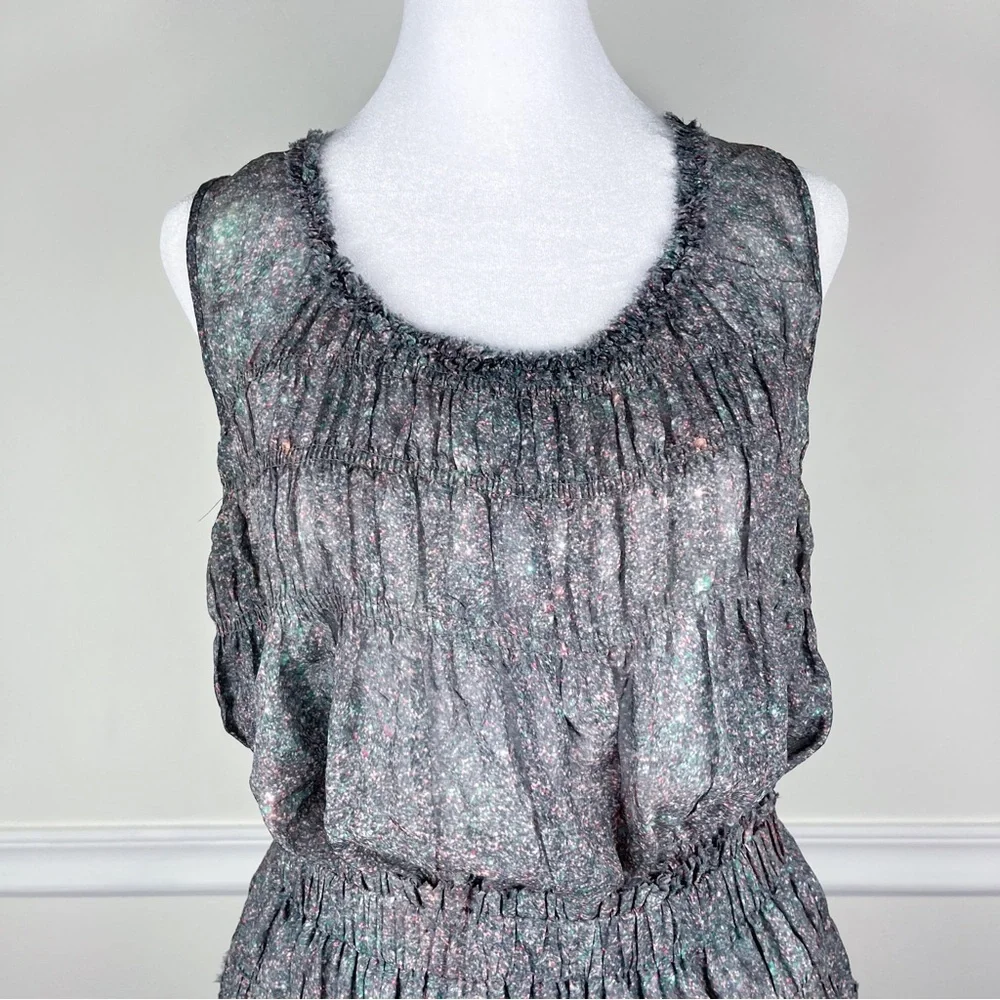 Theory Gray Briona Burning Glitter Two Piece Set Silk Top Mini Skirt Size Medium